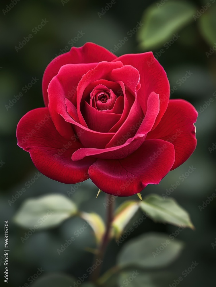 Bright red rose in bloom against a dark green background Bright red rose in bloom against a dark green background