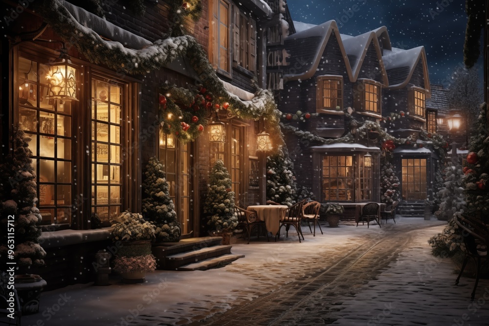 Fototapeta premium Charming winter evening in a snow-covered village with cozy cafes and festive decorations