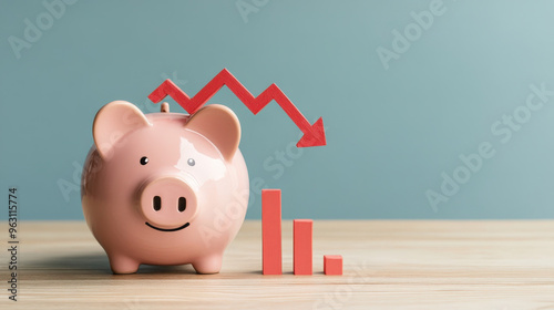 Piggy bank with a downward arrow symbolizing reduced interest earnings photo