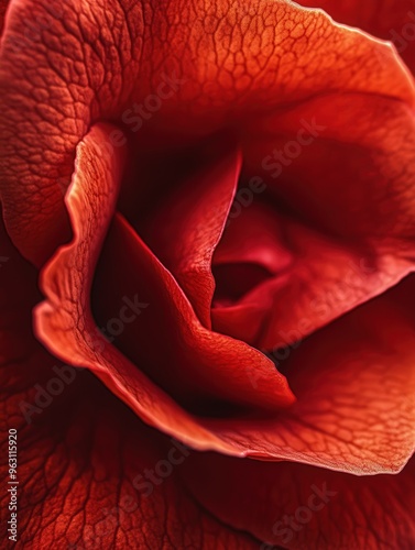 Close-up view of a vibrant red rose blossom with intricate details