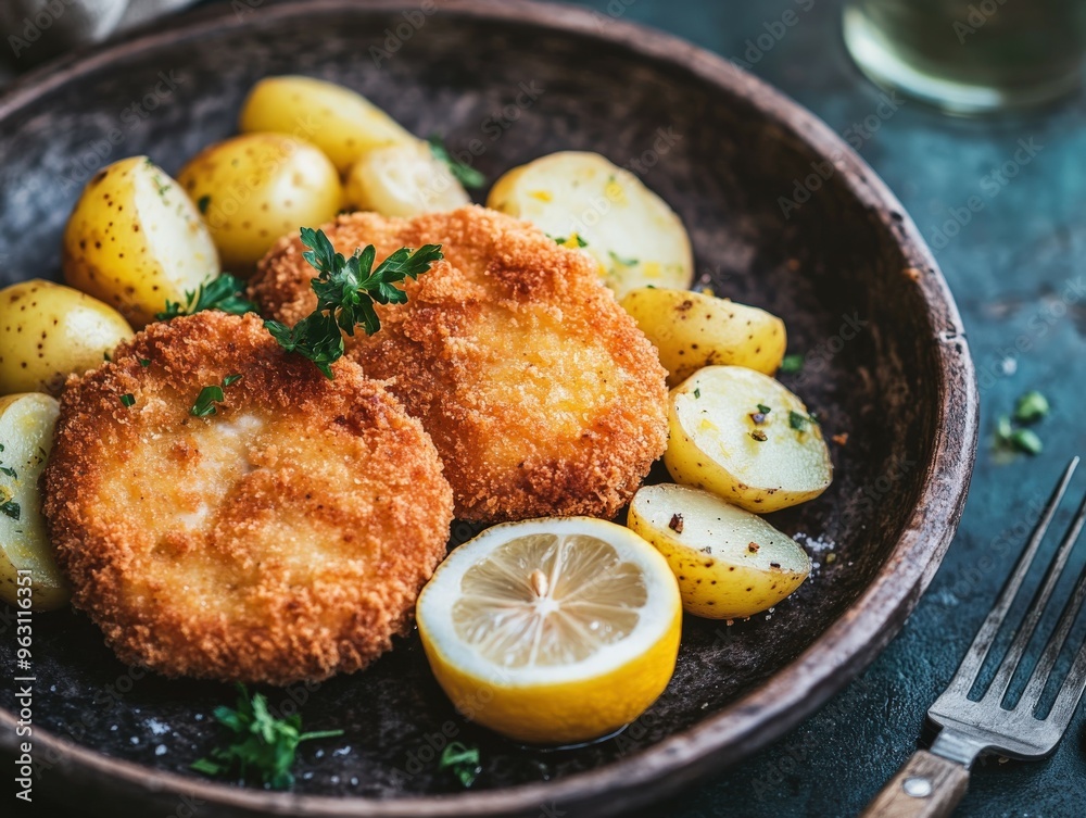 Crispy golden potato croquettes served with lemon and boiled potatoes Crispy golden potato croquettes served with lemon and boiled potatoes