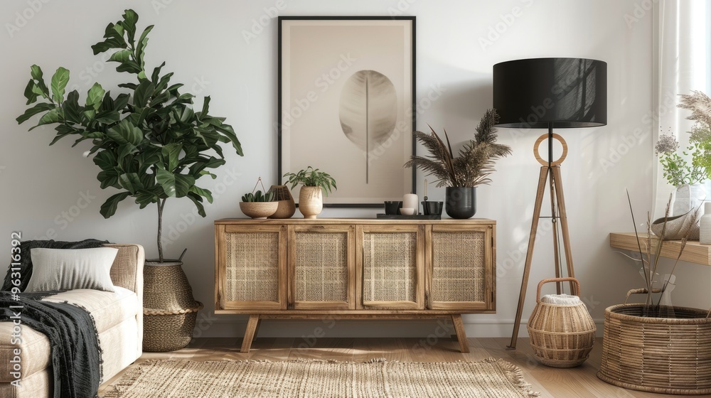 Fototapeta premium Scandinavian-inspired living room decor with wooden furniture, black lamp, rattan basket, greenery, and chic accessories. Templates for mock-up posters.