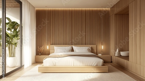 Modern Minimalist Bedroom Interior Design with Wooden Wall Panels and Natural Light