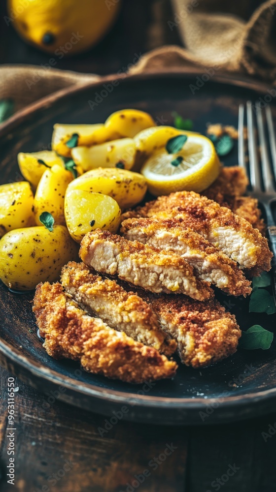 Crispy fried chicken served with lemon and seasoned potatoes on a plate Crispy fried chicken served with lemon and seasoned potatoes on a plate