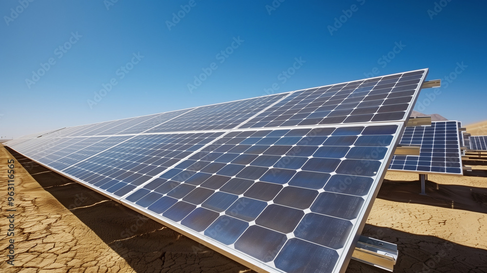 Solar panels in desert settings, dunes, clear blue skies, durability and energy efficiency in harsh environments, large array, PNG file, Generated AI Solar panels in desert settings, dunes, clear blue skies, durability and energy efficiency in harsh environments, large array, PNG file, Generated AI