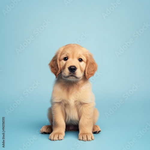 Golden Retriever Puppy Posing on Blue: Adorable Background for Your Text
