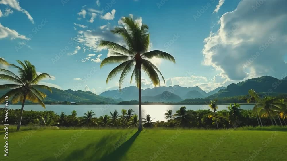 Sunlight streams through a line of tall palm trees overlooking a serene tropical landscape, with grassy fields and distant mountain silhouettes under a vibrant sky Sunlight streams through a line of tall palm trees overlooking a serene tropical landscape, with grassy fields and distant mountain silhouettes under a vibrant sky