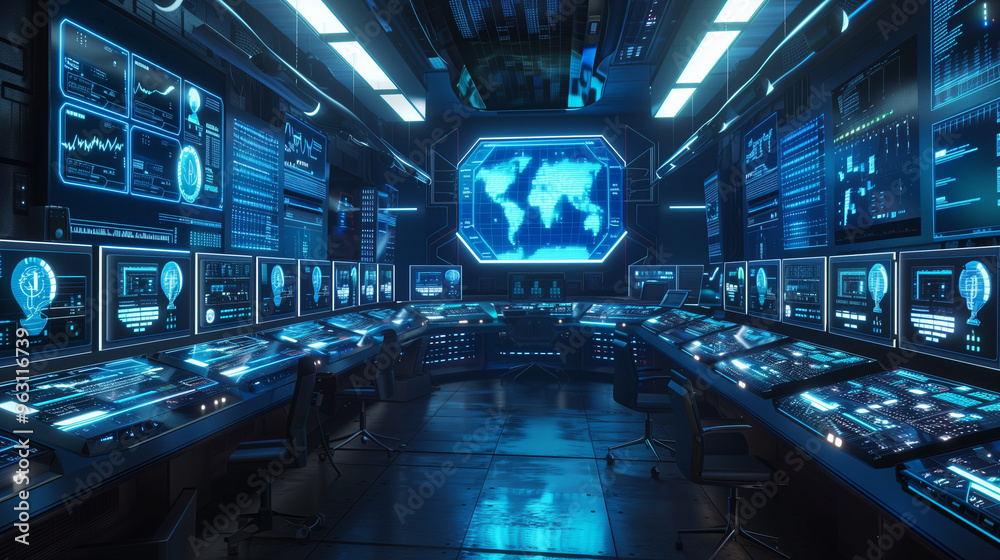 Futuristic cybersecurity operations center, AI analyzing data in real-time, holographic displays with threat detection, predictive analytics, PNG file, Generated AI Futuristic cybersecurity operations center, AI analyzing data in real-time, holographic displays with threat detection, predictive analytics, PNG file, Generated AI