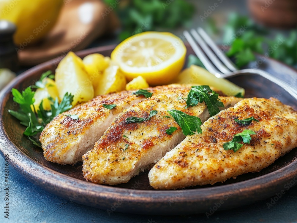 Grilled chicken fillets served with lemon and parsley on a plate Grilled chicken fillets served with lemon and parsley on a plate