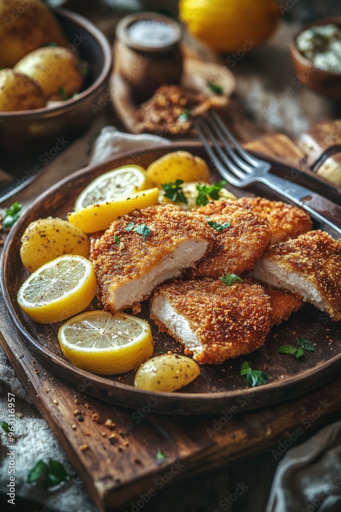 Crispy fried fish with lemon and golden potatoes on a table Crispy fried fish with lemon and golden potatoes on a table