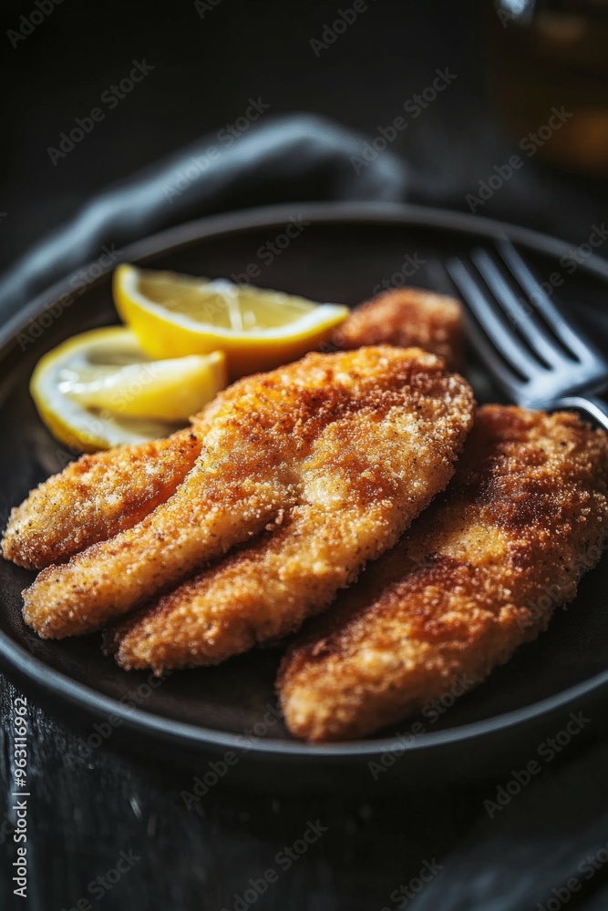 Crispy fried fish fillets served with lemon wedges on a black plate Crispy fried fish fillets served with lemon wedges on a black plate