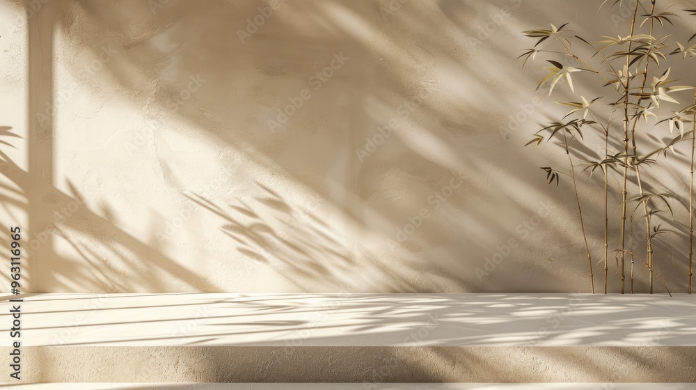 Beige Studio with Bamboo Shadows and Concrete Texture for Product Display Beige Studio with Bamboo Shadows and Concrete Texture for Product Display