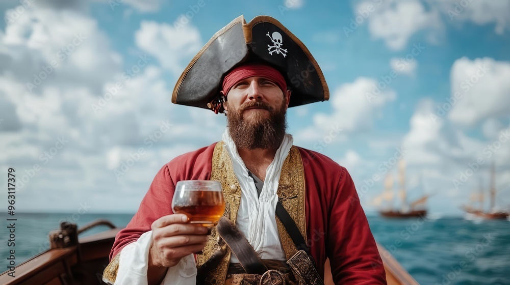 Obraz premium A pirate captain holding a goblet of rum, standing at the helm, pirate captain, goblet of rum, helm