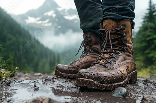 Hiking boots soaking in mud on a scenic trail with mountain backdrop and misty forest surroundings during overcast weather