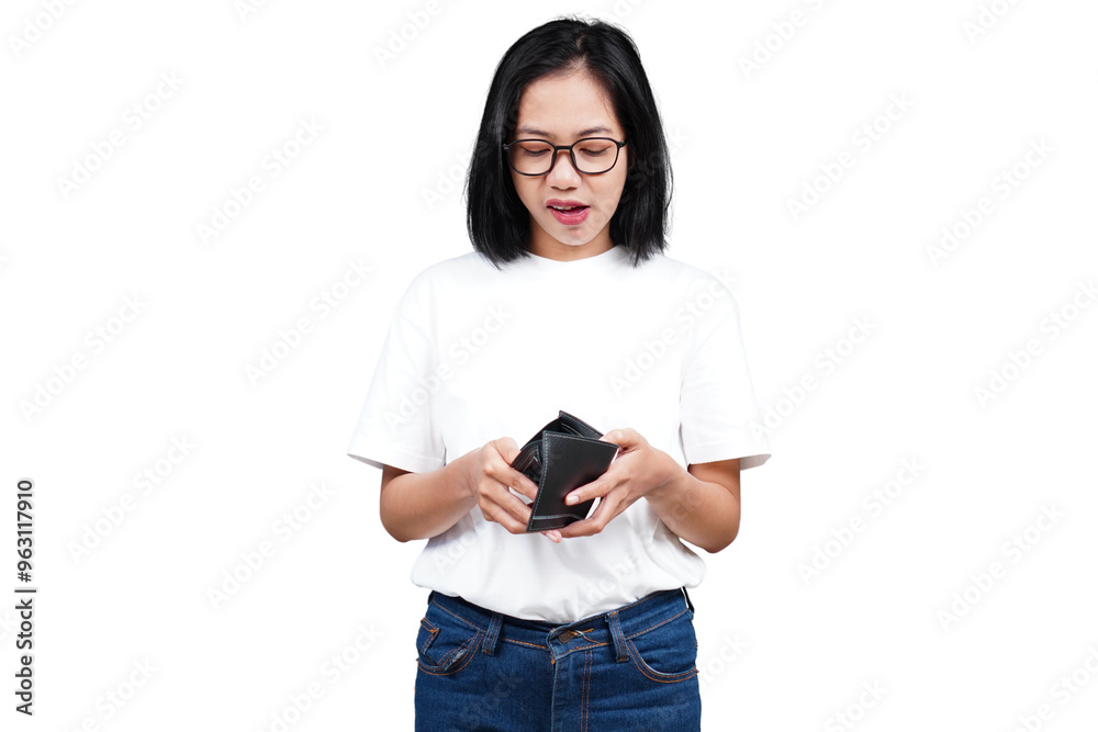 A sad asian woman with wallet isolated transparent A sad asian woman with wallet isolated transparent