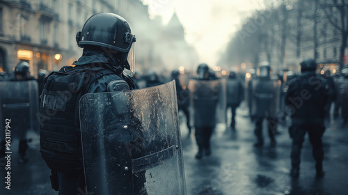 Riot police with shields confronting protesters in a tense street strike, symbolizing law enforcement and unrest  photo