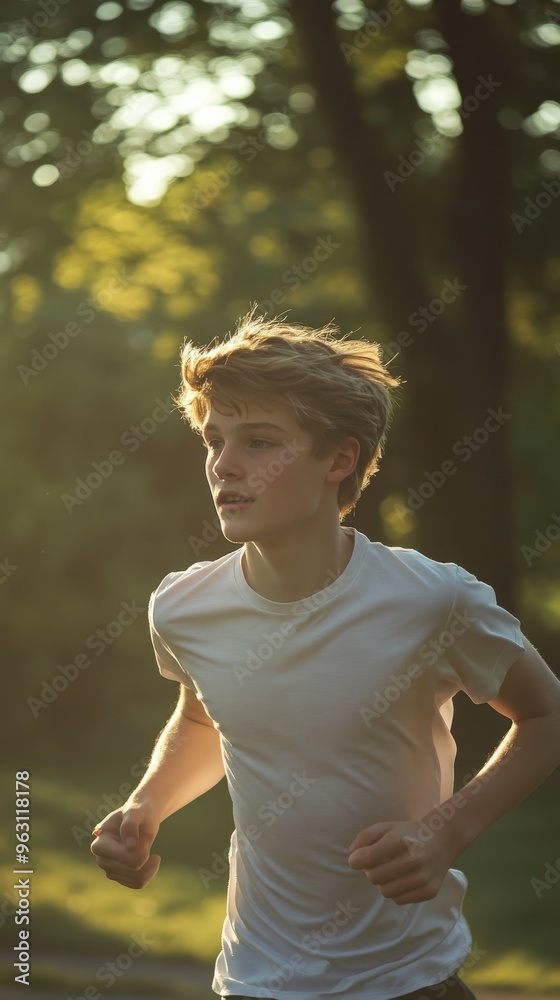 Teenage boy running in a sunlit park during a warm afternoon Teenage boy running in a sunlit park during a warm afternoon