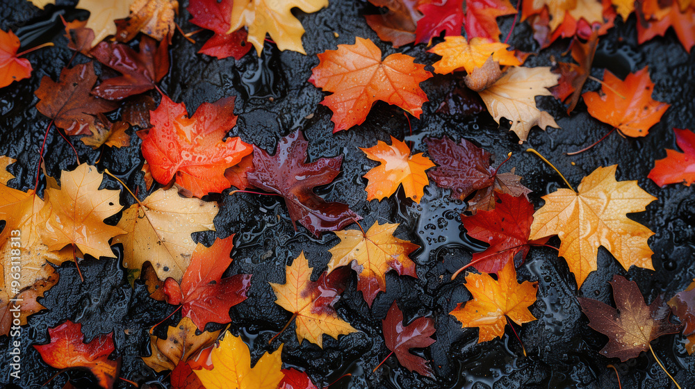 Wet Autumn Maple Leaves on Dark Pavement