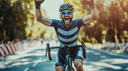Triumphant cyclist at the finish line, raising bike in triumph, victory, accomplishment, competition