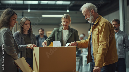 An election commission indoors, people placing ballots into a voting box