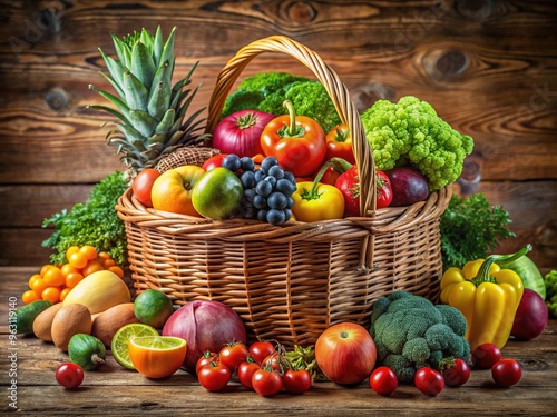 Fresh colorful fruit and vegetables overflowing from a wicker grocery basket on a rustic wooden table with soft warm lighting and natural textures