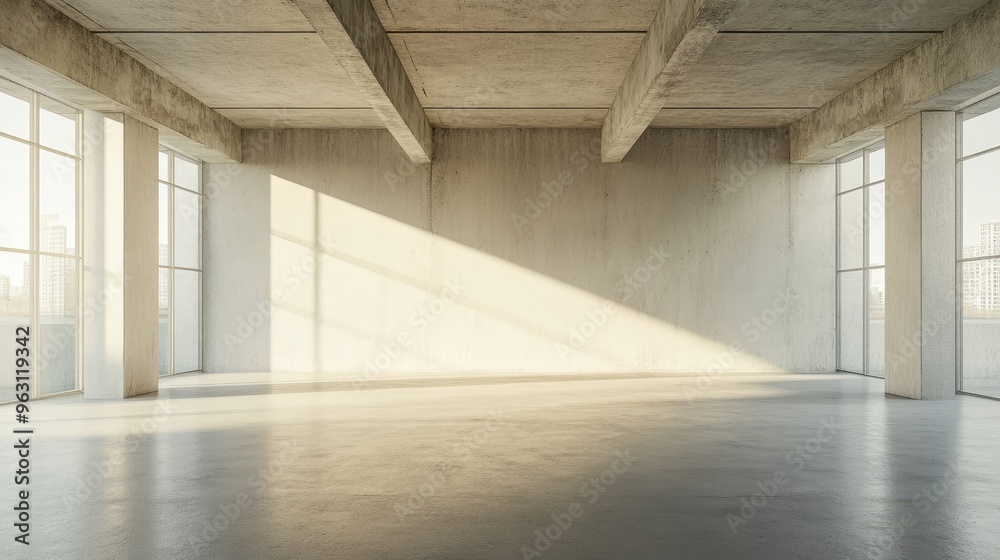 Empty Concrete Room with Windows and Sunlight Empty Concrete Room with Windows and Sunlight