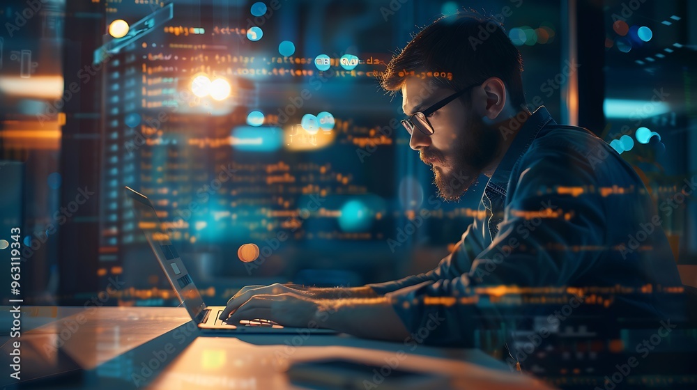 Hacker working on a laptop, with creative coding HTML language in the background, blending a futuristic office interior with a sense of web development, malware, and cybercrime, double exposure Hacker working on a laptop, with creative coding HTML language in the background, blending a futuristic office interior with a sense of web development, malware, and cybercrime, double exposure