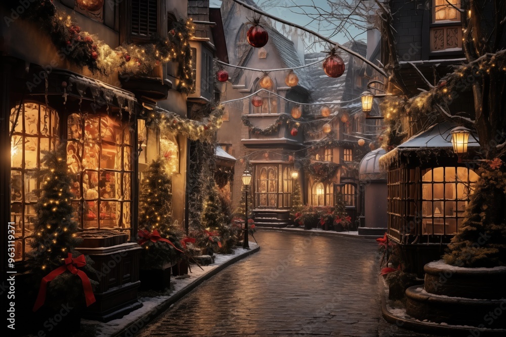 Obraz premium Festive winter street adorned with lights and decorations in a cozy neighborhood during the holidays