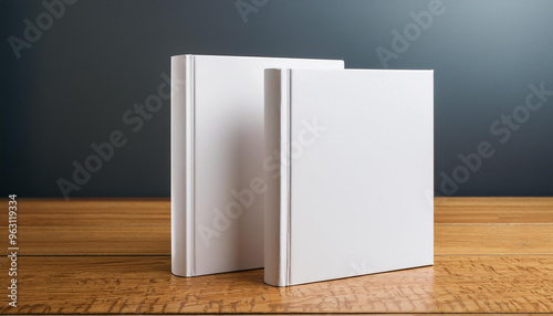 Mock-up of two blank white books with hard cover on wooden table. Empty template.