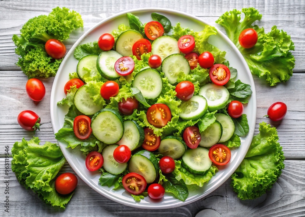 Fresh green cucumbers, juicy cherry tomatoes, and crisp lettuce leaves arranged artfully in a vibrant salad, viewed from directly above, on a white pedestal plate. Fresh green cucumbers, juicy cherry tomatoes, and crisp lettuce leaves arranged artfully in a vibrant salad, viewed from directly above, on a white pedestal plate.