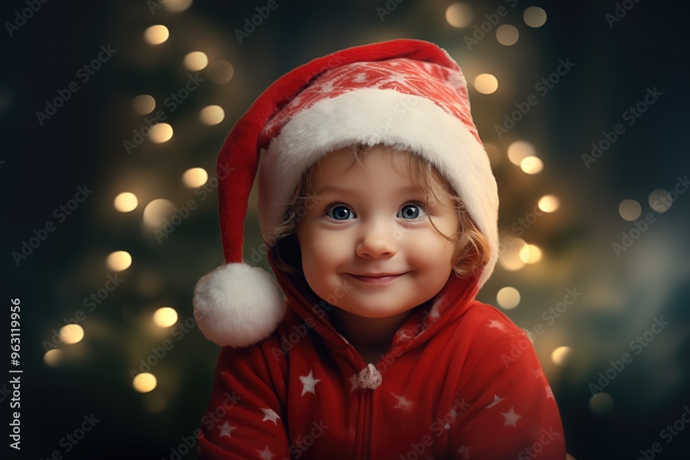 Smiling child in Christmas hat with festive lights in the background during holiday season Smiling child in Christmas hat with festive lights in the background during holiday season