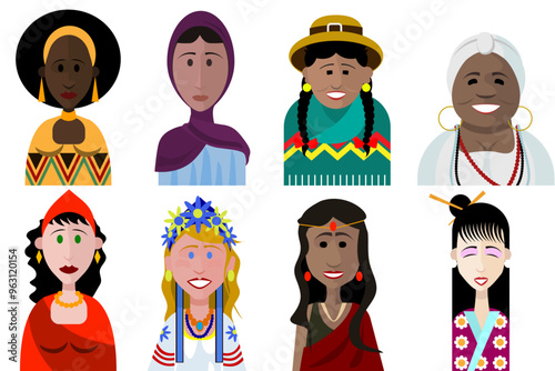 eight women from different ethnic groups, beliefs, and nationalities: Hindu, gypsy, African, Andean, Slavic, Oriental, Muslim, Brazilian Candomblé
