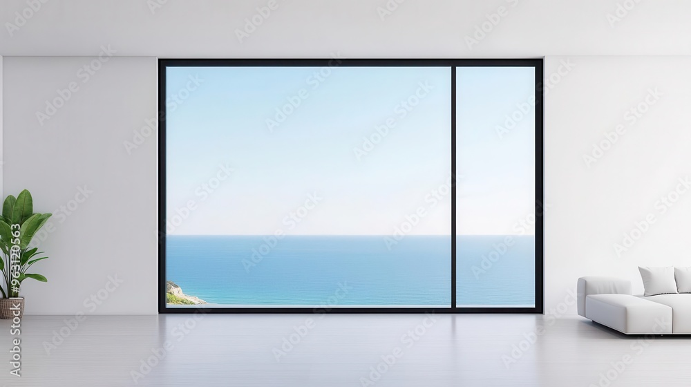 Minimalist interior with large windows and ocean view Minimalist interior with large windows and ocean view