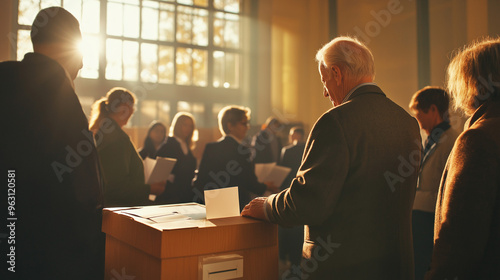 An election commission indoors, people placing ballots into a voting box