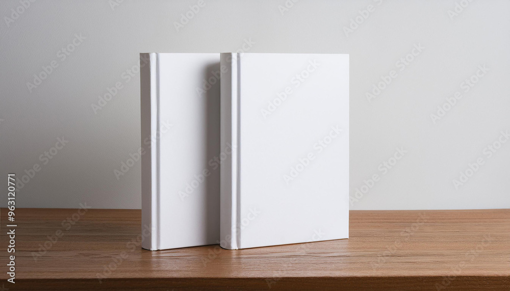 Mock-up of two blank white books with hard cover on wooden table. Empty template. Mock-up of two blank white books with hard cover on wooden table. Empty template.