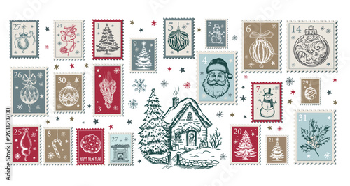 Christmas Stamps, mail, Advent calendar, postcard hand drawn illustrations.	
