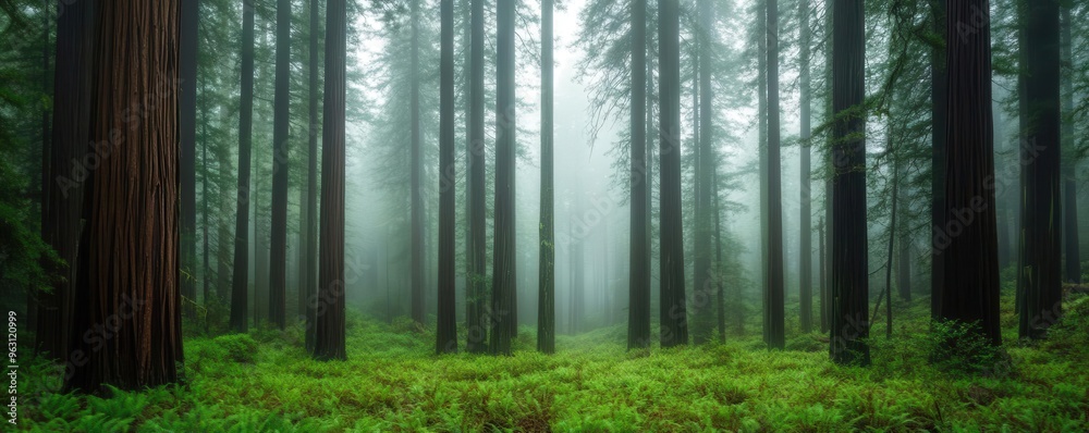 Misty morning in ancient redwood forest Misty morning in ancient redwood forest