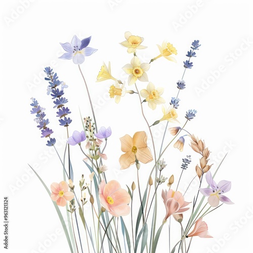 spring flowers watercolored illustration isolated on a white background