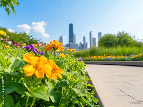 Colorful flowers bloom in a vibrant Chicago garden with a skyline backdrop in summer