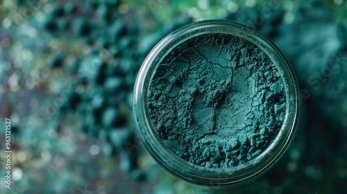 spirulina powder in a glass jar, it is excellent dietary supplement for Vegan, Vegetarian or Plant based diet because it containing multivitamins include B12.