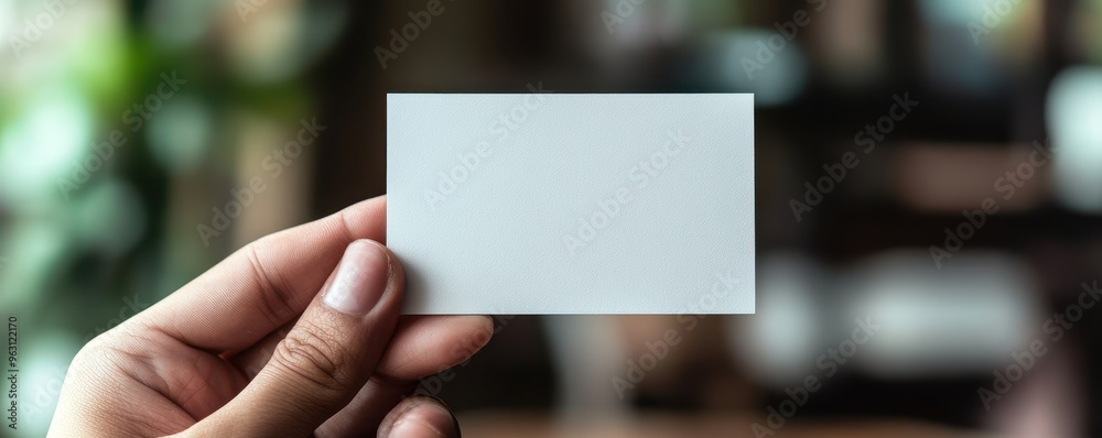 A hand holding a blank white card against a blurred background, ideal for showcasing designs or branding concepts. A hand holding a blank white card against a blurred background, ideal for showcasing designs or branding concepts.