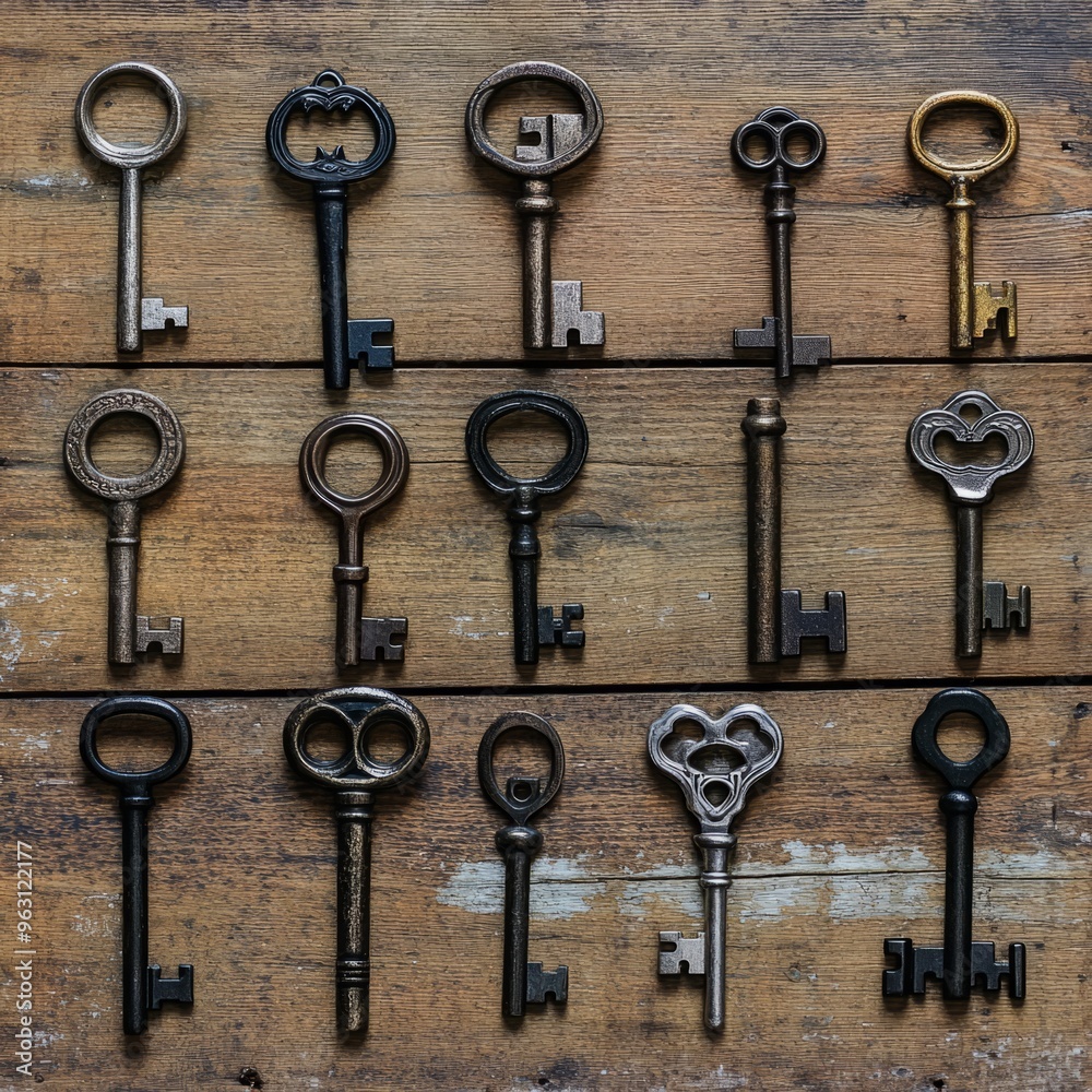 Antique Keys Collection: Rustic Wooden Table Top View Editorial Photography 3 Antique Keys Collection: Rustic Wooden Table Top View Editorial Photography 3