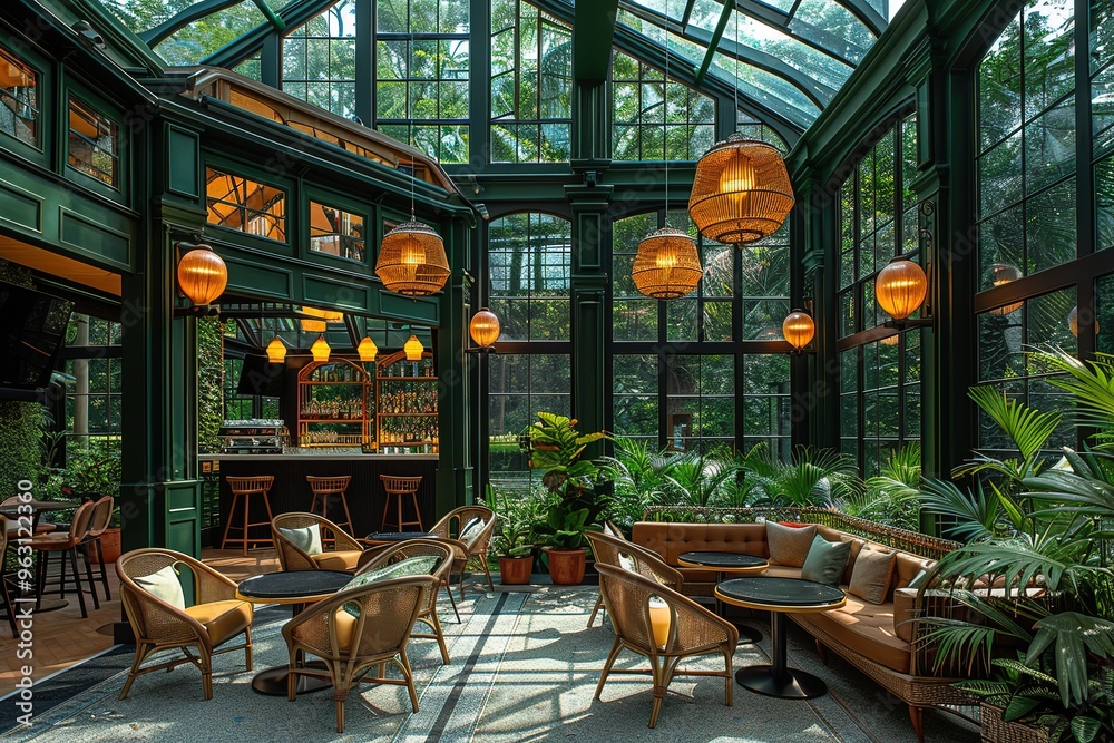 Naklejka premium A large green room with many potted plants and a lot of light