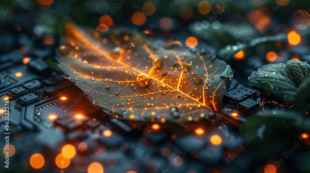 concept of eco-friendly tech or sustainable technology, graphic of leaf shape combined with electronic pattern