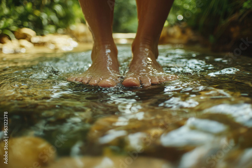 Wallpaper Mural Woman is standing barefoot on stones in cold flowing water, enjoying a kneipp therapy session Torontodigital.ca