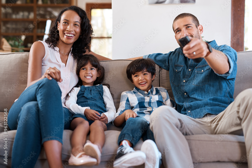 Remote, TV and parents with kids on sofa in home for bonding, relax and watching movies in living room. Happy, family and mom, dad and children on couch streaming cartoons, entertainment and series Remote, TV and parents with kids on sofa in home for bonding, relax and watching movies in living room. Happy, family and mom, dad and children on couch streaming cartoons, entertainment and series