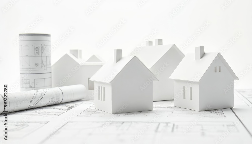 White miniature houses on architectural blueprints with a rolled plan placed beside them White miniature houses on architectural blueprints with a rolled plan placed beside them