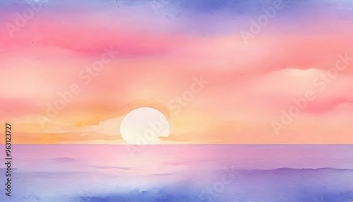 Pastel Sunset Watercolor Background. Sunrise Serenade: Soft pastel splatters in shades of pink, orange, and yellow, evoking the peaceful beauty of a sunrise over the horizon. photo