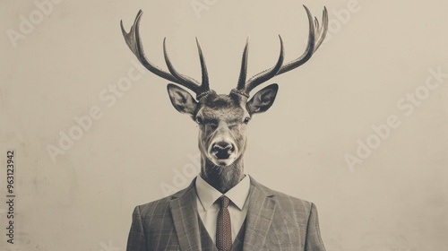 Deer in clothes with shiny horns. Business man in suit with tie with deer head.