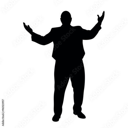 a fatty business man standing in an excited pose. The silhouette should be in black colour, isolated on a white background